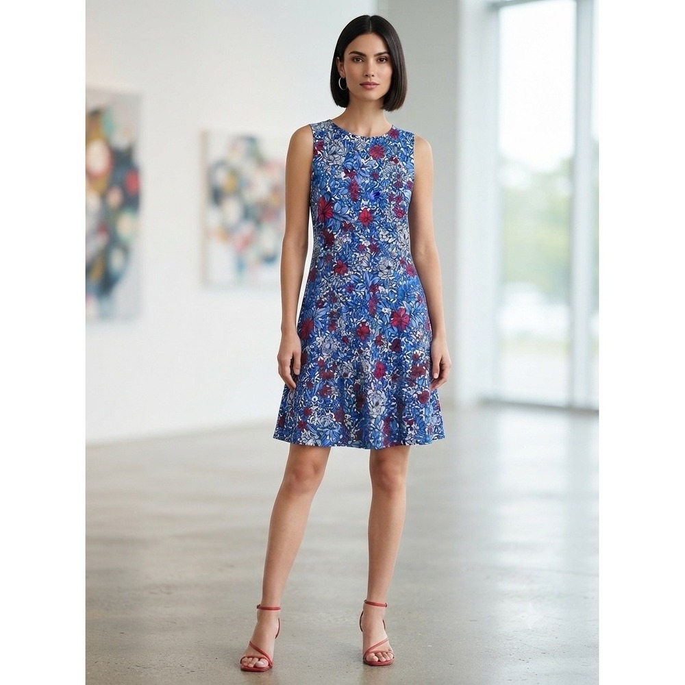 Tommy Bahama Darcy Blue Red Floral Sleeveless Knit A Line Shirt Dress Size Large